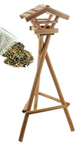 Fågelhus foderhus fågelvilla veissel av äkta trä tak av äkta träpinnar med stativ L 124 cm höjd 37 cm bredd med foder