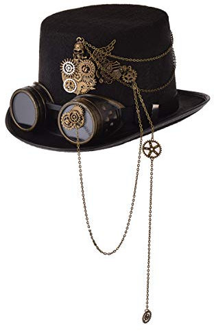 COSDREAMER Unisex Steampunk Zylinderhut Halloween Kostüm Hut mit Brille schwar (Schwarz 2, 60cm)