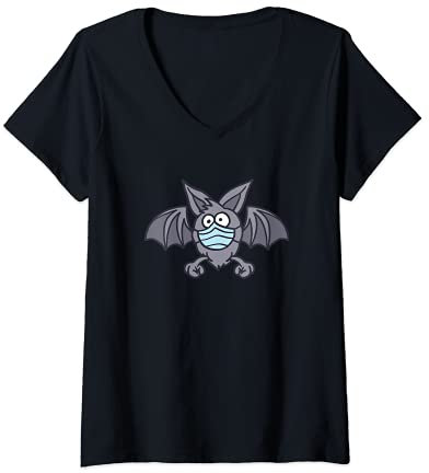 Damen Fledermaus mit Atemschutz Maske Vampir Halloween Kostüm T-Shirt mit V-Ausschnitt