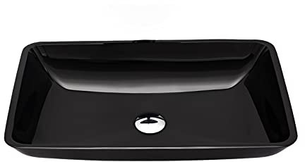 Shower Set Lavabo Vasque en Verre Trempé, Lavabo Lave-Mains Noir Vasque à Poser Monter Salle de Bain Lavabo Vasque avec Drain,Rectangle