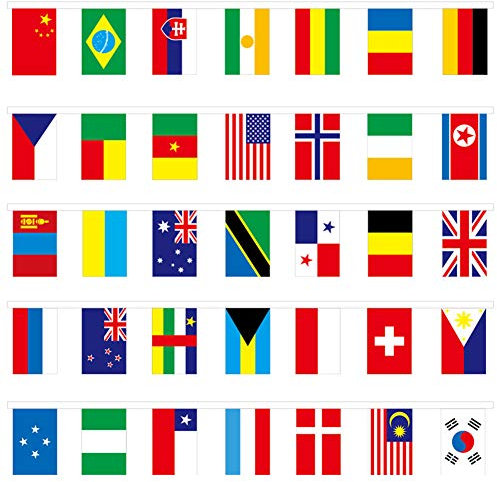 Flaggenkette 100 Länder Nationalflagge Hängende Fahnenkette Weltweite Länderflagge Internationale Gemeinschaft Sportfeier Fähnchen Kette Bunte Weltflaggen Deko für Bar Sportclub Party Garten 25 Meter