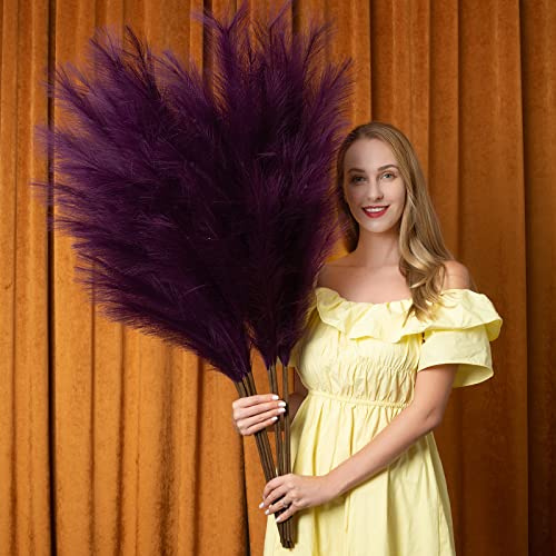 Pampas Grass Decor Tall, 43/110cm Faux Pampas Grass 6 Stems Large Pompass Grass Branches Tall Bulk Boho Flower Arrangement for Home Room Wedding Party Decor(Purple)