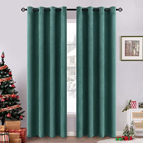 EMEMA 2 Stück Verdunklungsvorhang Samtvorhänge Blickdicht Vorhang mit Ösen Thermogardine Ösenvorhang Verdunkelungsgardinen für Schlafzimmer Wohnzimmer, 140 x 245 cm(B x H) Dunkelgrün