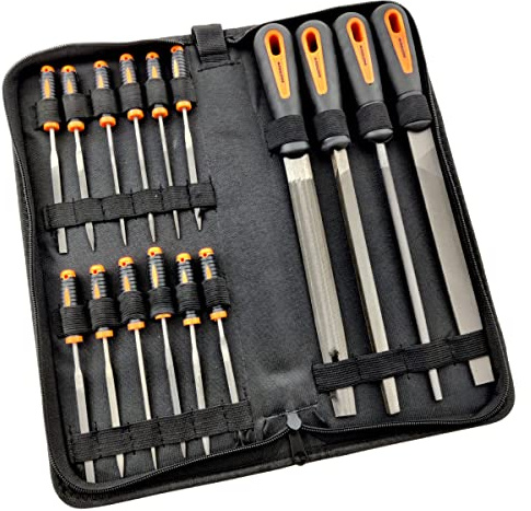 Metal Hand File Set - Metal & Wood 16Pce Set in Zipper Storage Case. Large and Small Steel Files, Half Round, Triangle, Flat, Half Round