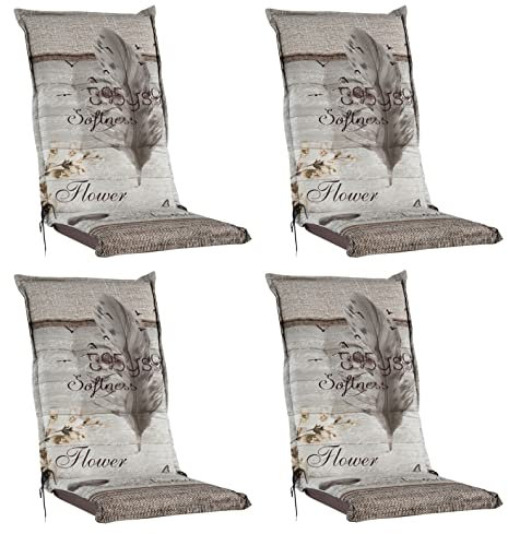 Gartenstuhlauflagen Hochlehner 4er Set - 120 x 50 cm - Beige - Federmotiv - Baumwolle - Sesselauflage Sitzpolster Stuhlauflage