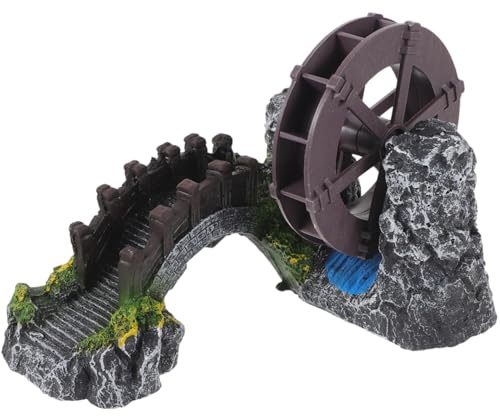 Yardwe Windmill Water Wheel Oxygen Pump 7.08X5.90X4.72In Mini Aquarium Decoration Resin Fish Tank Bridge Ornament for Indoor Outdoor Garden Pond