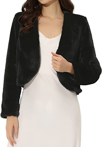 Allegra K Cropped Jacket for Women's Faux Fur with Pockets Long Sleeve Open Front Wedding Bolero Gowns Coat Small Black