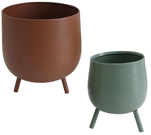Set de 2 maceteros con pie de Metal en Marron y Verde 21x21x25 y 16x16x20cm