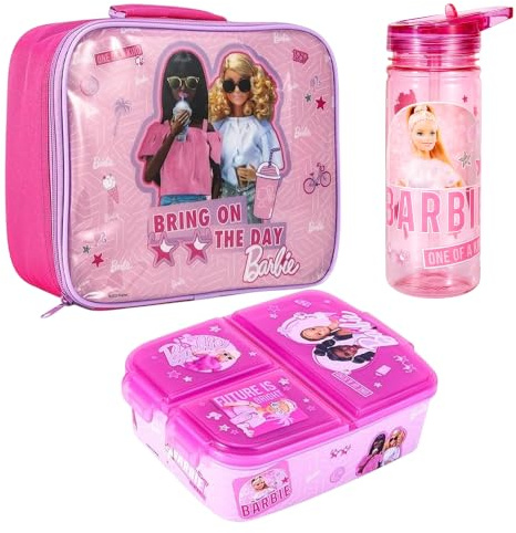 Barbie Kids Lunch Box Set – School & Travel Snack Boxes Set of 3 | Insulated Lunch Bag, Lunch Box with Compartments & 580ml Water Bottle, Lunch Bag & Box Gift Set for Boys & Girls | BPA Free