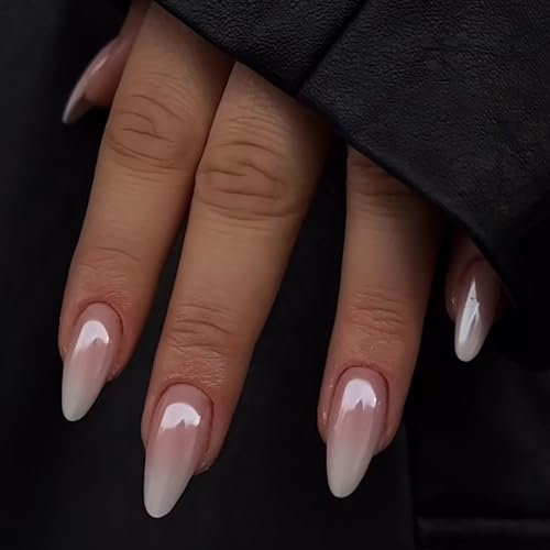 MrCuvaryas 24 Stück French Tip Press on Nails Kurz, Nägel zum Aufdrücken, Squoval Nude Natürlich Weiß French Fake Nails mit Nagelkleber für Frauen Nail Art (White Gradient, 12 Größe)
