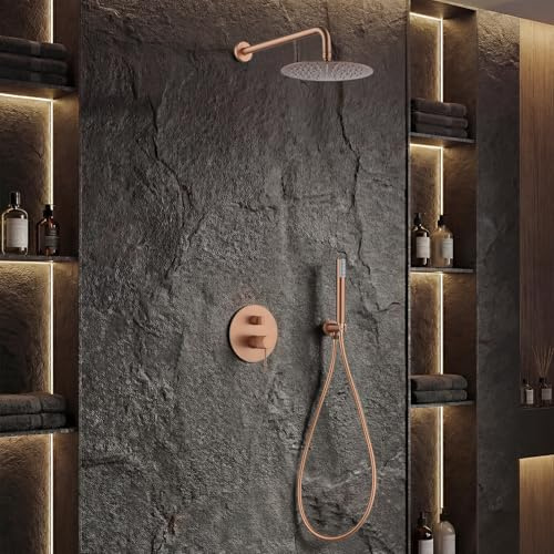 IMEX - Ducha Empotrada Monomando Oro Rosa | Conjunto de Grifería Empotrado con Alcachofa y Rociador Antical Efecto Lluvia | Columna Ducha Empotrada con Grifo en Latón y Acero Inox S.304 | Serie Line