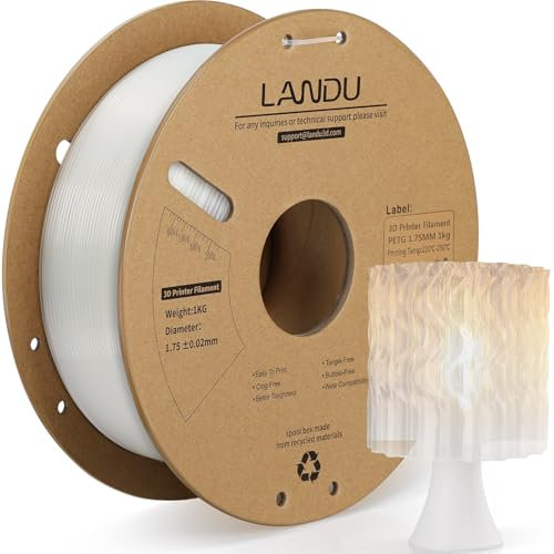 LANDU PETG Filament 1.75mm 3D Drucker Filament PETG Stärker Zähigkeit Maßgenauigkeit +/- 0,02 mm 1kg Pappspule(2.2lbs) Passend für die meisten 3D Drucker,PETG Transparent