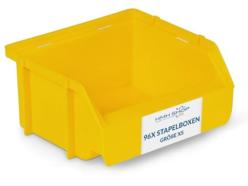 HMH 96x Stapelboxen Größe XS Werkstatt Garage Keller Sichtlagerboxen 90x102x50mm Lagerboxen GELB Sichtlagerkästen Kleinteile Aufbewahrung