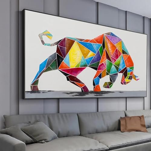 ZHUOYA Leinwanddruck, farbenfrohes Stier-Ölgemälde auf Leinwand, große Natur, kräftiges Tiergemälde, moderne Wandkunst, Wohnzimmerdekor, 60 x 120 cm, rahmenlos
