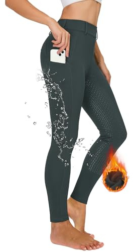 Havideto Winter Reitleggings Damen Vollbesatz Thermo Reithose Damen Fleece Gefüttert Wasserdicht mit Handytasche Gürtelschlaufen Grau S