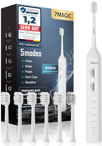 7MAGIC Elektrische Zahnbürste, Schallzahnbürste, 180 Tage Laufzeit, Weiß | Leiser Betrieb, 3 Intensitäten, 5 Reinigungsmodi, 40000 VPM, IPX7-Wasserschutz, integrierte Timer-Funktion, Laden über USB-C