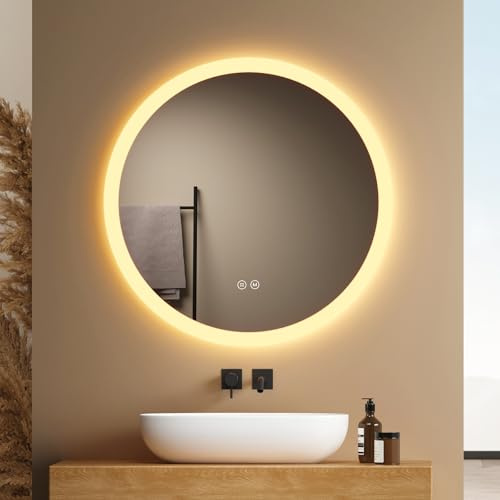EMKE Badspiegel mit Beleuchtung Rund 70cm, 3 Lichtfarben | Badezimmerspiegel mit dimmbarer Beleuchtung, Antibeschlag, Touch-Schalter und Speicherfunktion, ideal für das Badezimmer
