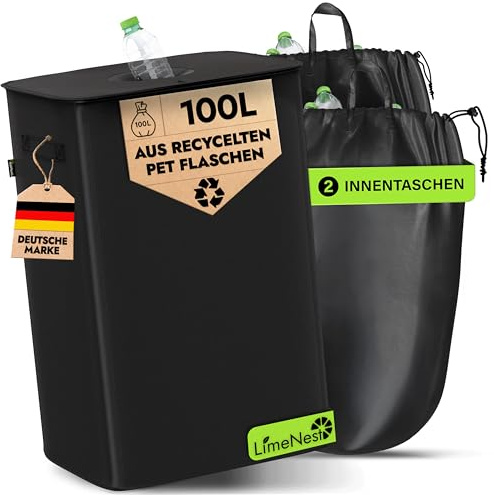 LimeNest Pfandflaschen Sammelbehälter - Extrem praktischer & stilvoller Leergut Organizer mit großer Einwurföffnung, 2 Tragetaschen & cleverem Innenfach - Ideale Pfandbox aus recyceltem Material