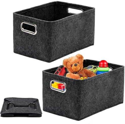 Orixo 2 Piezas Cesta Fieltro Almacenaje, 30 x 20 x 20 cm, Cesta de Fieltro Plegable con Asa para Organizar Ropa, Toallas, Artículos de Aseo, Artículos para Bebés, Gris
