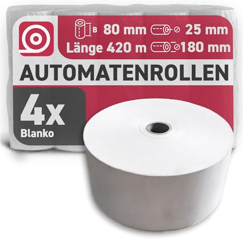 GEBONGT24 Thermorollen 80 mm x 420 m x 25 mm, BPA-frei, 4 Bonrollen mit 55 g/m², langlebig & FSC-zertifiziert mit ∅ 180 mm- Extra lange Automatenrollen für Verkaufsautomaten, Kiosk-Drucker