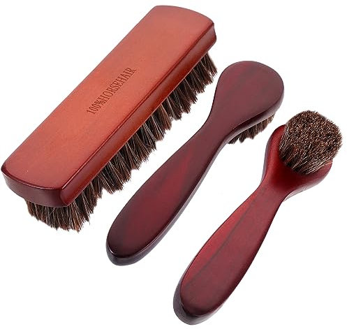 Homoyoyo 3pièces Brosse à Chaussures CRIN de Cheval pour Cuir et Sièges de Meubles Kit de Nettoyage avec Manche Bois