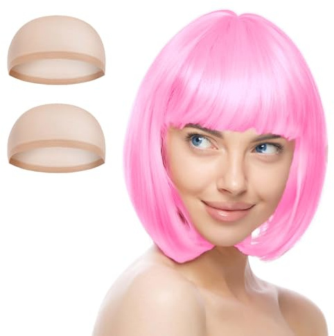AUYAO Kort bob-peruk för kvinnor, 3-pack korta rosa bob-peruker set med 2 perukkepsar, neon maskeradtillbehör cosplay med lugg, syntetisk rak för daglig halloweenfest