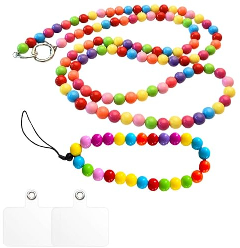 Lyivisk Handykette Perlen Bunt Set, 1 Handykette Lang und 1 Handy Kette Kurz mit 2 Transparent Patch, Handyband zum Umhängen, Handy Kette Crossbody, Abnehmbares Geeignet für Alle Smartphones