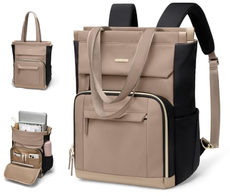 GOLF QUALITY Convertible Backpack Women Carry on Tote Laptop Backpack Bookbag for College Work Nurse Travel, Champagne Brown Black, 16 Inch, Casual
