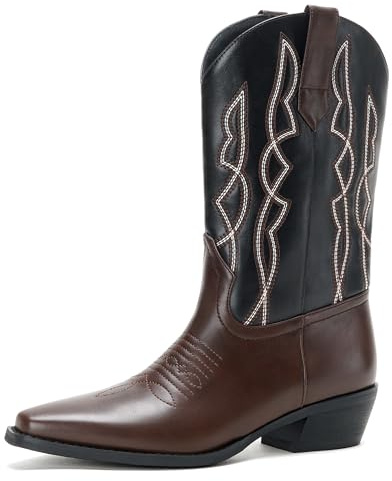 Cozivwaiy Black Cowboy Boots for Women Western Mid Calf Embroidery Patchwork Suede Cowgirl Boot Women’s Block Low Heel Brown Country Concert Boots Size 9