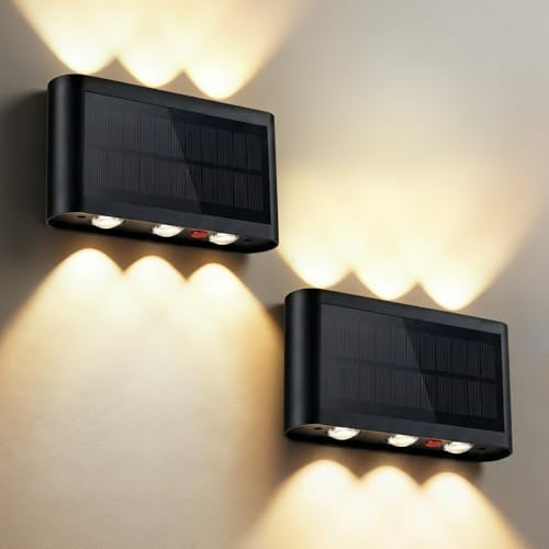 2 Stück Solarlampen für Außen, Solar Wandleuchte Aussen IP65 Wasserdicht solar Wandlampe Licht Nach Oben und Unten 6LEDs Solar Wall Lampe Warmweiß Solarleuchten für Garten Terrasse Veranda Garage