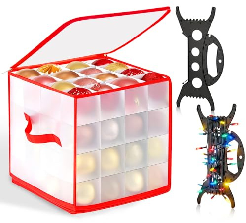 Aufbewahrungsbox für Weihnachtskugeln, 64 Fächer Weihnachtskugeln Aufbewahrung, Transparente Christbaumkugeln mit 2 Kabelwickler, Faltbare Box für Weihnachtskugeln mit Deckel Griffen Reißverschluss