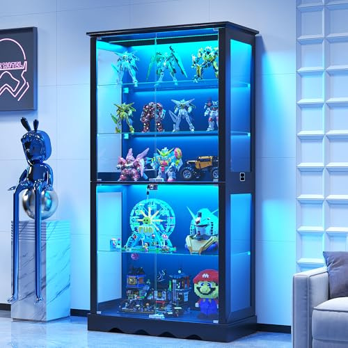 180cm Glass Display Cabinets with 3 Color Lights for Collectibles Bookcases | 5-Tier Curio Cabinet with Glass Shelf Storage Cabinet with Lockable Display Case with Human Body Sensor for Living Room,Black