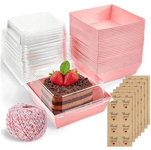 50Pcs Cake Slice Boxes with Clear Lids, 12CM Charcuterie Boxes, Brownie Box | Oil-Proof Paper Dessert Food Containers, Dessert Boxes with Stickers and Twine, Cake Takeaway Boxes, Square Sandwich Boxes