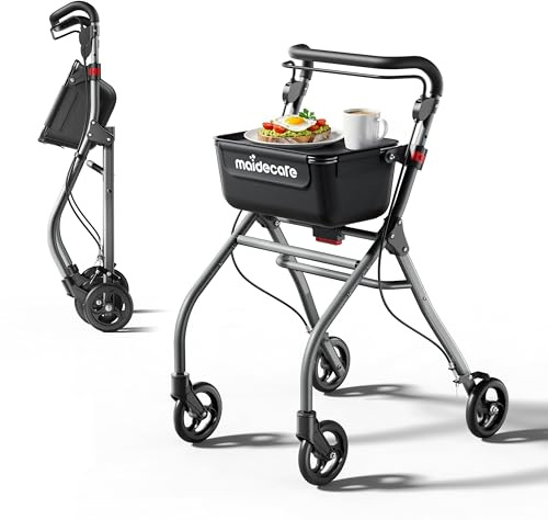 Indoor Rollator Walker, Lightweight Rollator with Tray for Home, Walking Aid for Senior Disabled, 4 Wheel Mobility Walker, Storage Basket, Adjustable Height, Braking System, Aluminium, Silver