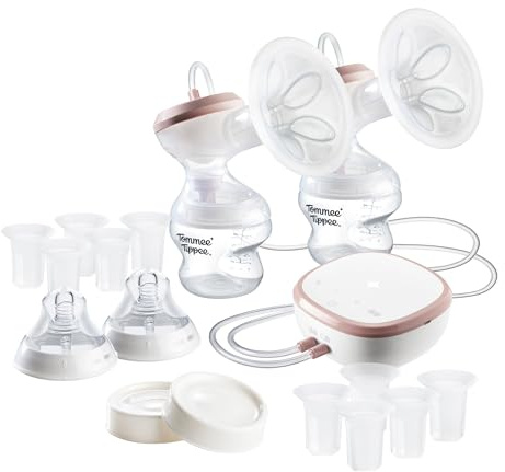 Tommee Tippee Double Electric Breast Pump, Hospital Grade, Soft Silicone Petal Massage Cushion, 24mm Flange + 5 Inserts, 2 Modes & 9 Levels, Quiet, USB Rechargeable, 90 Mins Cord-Free Pumping
