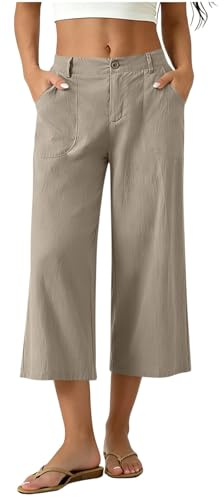 Capris Pants for Women Linen Cotton Button Elasticated Back Waist Capri Cropped Trousers for UK Ladies Daily Casual Wide Leg Trousers with Pockets
