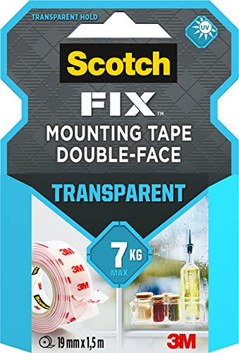 Scotch-Fix Ruban Adhésif Double Face, Transparent - 1 Rouleau 19 mm x 1,5 m - Pour Utilisation Intérieure - Fixation sans Dommage - Supporte jusqu'à 7 kg