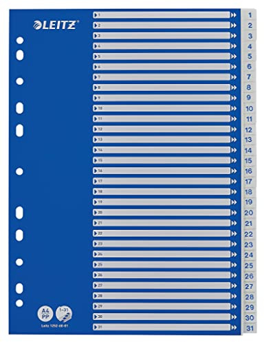 Leitz Register für A4, Deckblatt aus Karton und 31 Trennblätter aus Kunststoff, Taben mit Zahlenaufdruck 1-31,Blau/Weiß, 12526001