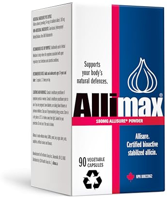 ALLIMAX 180mg 90 Capsules. Allicin Garlic Supplement to Support Your Body’s Immune Function. Contains Stabilized and Potent Bioactive Allicin, Extracted from Clean & Sustainable Spanish Grown Garlic.