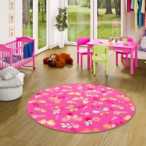 Snapstyle Kinder Spiel Teppich Schmetterling Pink Rund in 7 Größen