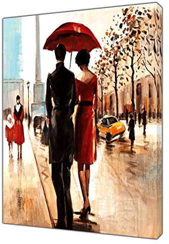 ARTSPRINTS RED Umbrella and Couple Under RAIN Wall Art ON Different Sizes Canvas Photos Pictures 12x 8inch -18mm Depth