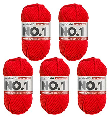 myboshi No.1 Wolle zum Häkeln und Stricken, Schnellstrickgarn, langlebige Mützenwolle, Strickwolle, Häkelwolle, mulesing-frei, 50g, Ll 55m Rot (Signalrot) 5 Knäuel