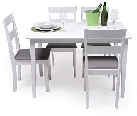 Homely - Conjunto de Comedor Kansas & Dallas White Mesa de Comedor de Madera lacada en Blanco de 112x72 cm y 4 sillas de Comedor de Madera lacadas en Blanco y Asiento tapizado de Tela Gris