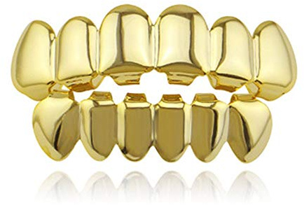 Oben Unten Hip Hop Zähne,Glänzende Zähne, für Männer Frauen Körperschmuck Halloween Cosplay Party Geschenk (Golden)
