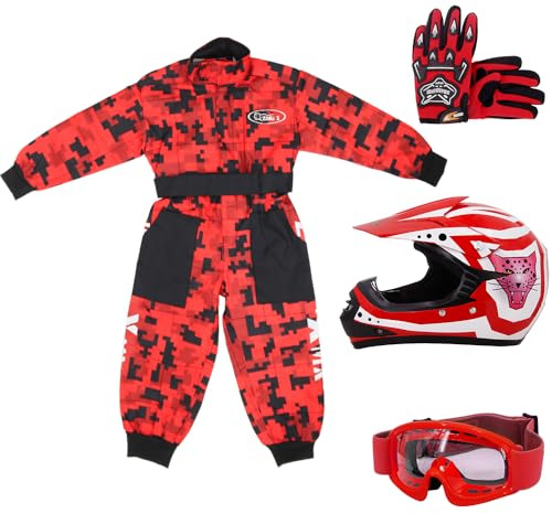 Zorax Red CAMO XS(3-4 Years) Kids Suit & Gloves S(5cm) & Goggles & Zorax S (49-50cm) ZOR-X17 Kids Children Motocross Motorbike Motorcycle Helmet Set ECE2206