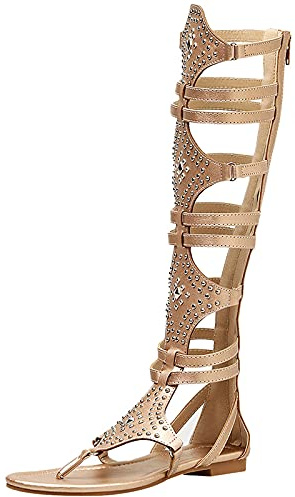 Jamron Femmes Genou Haut Gladiateur Sandales Romaines Rivets Cloutés Fermeture Éclair Tongs Sandales à Lanières Or SN020342 EU40