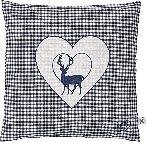 myZirbe Zirbenkissen Bestickt mit Hirsch und Herz blau karriert Größe 40x40 cm befüllt mit Zirbenflocken aus Zirbenholz