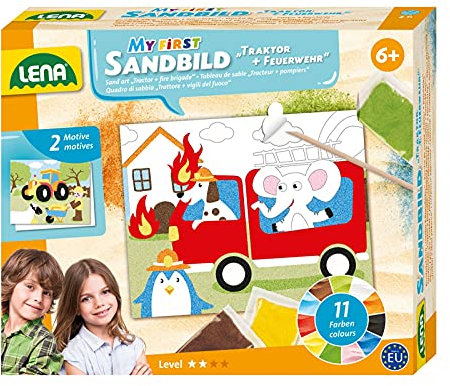 Lena 42671 - Bastelset Mein erstes Sandbild Fahrzeuge, mit 2 Motiven für Sandmalerei ca. 18 x 14,5 cm, 11 Farben zum Sandmalen, Sandbilder Set mit Feuerwehr & Traktor für Kinder ab 6 Jahre Mehrfarbig