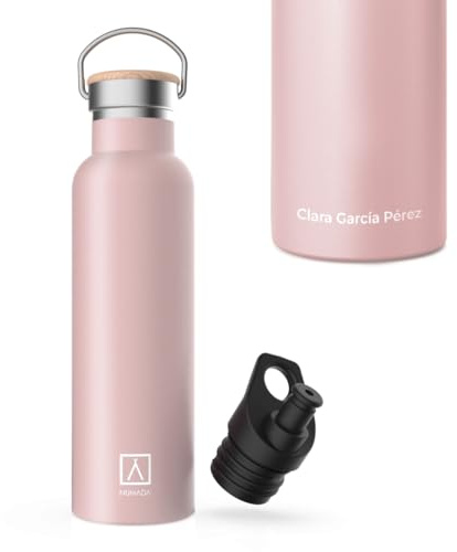 NUMADA-Botella Personalizada con Nombre 600ml de Acero Inoxidable Rosa Estanca con Recubrimiento Cerámico|Frío 24H y Calor 12H|Boca Ancha|Libre BPA|Incluye 2 Tapones (1 Sport)/Bolsa Transporte