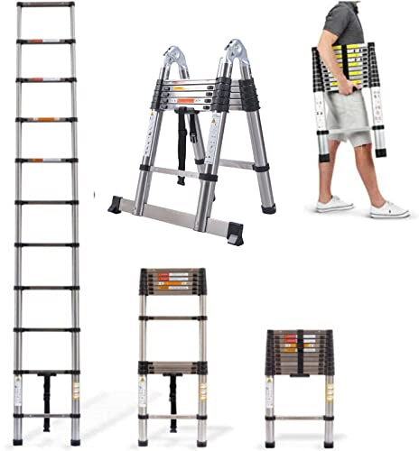 Scala telescopica da 3,8 m, antiscivolo, pieghevole, in acciaio, design telescopico, multiuso, 13 pioli, da 87 cm a 3,80 m, portata 150 kg